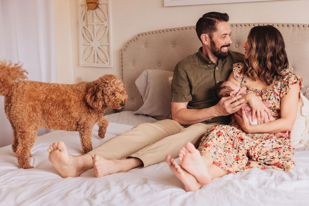 Smiling couple sitting on a bed with a fluffy golden doodle dog in a bright, cozy bedroom setting.