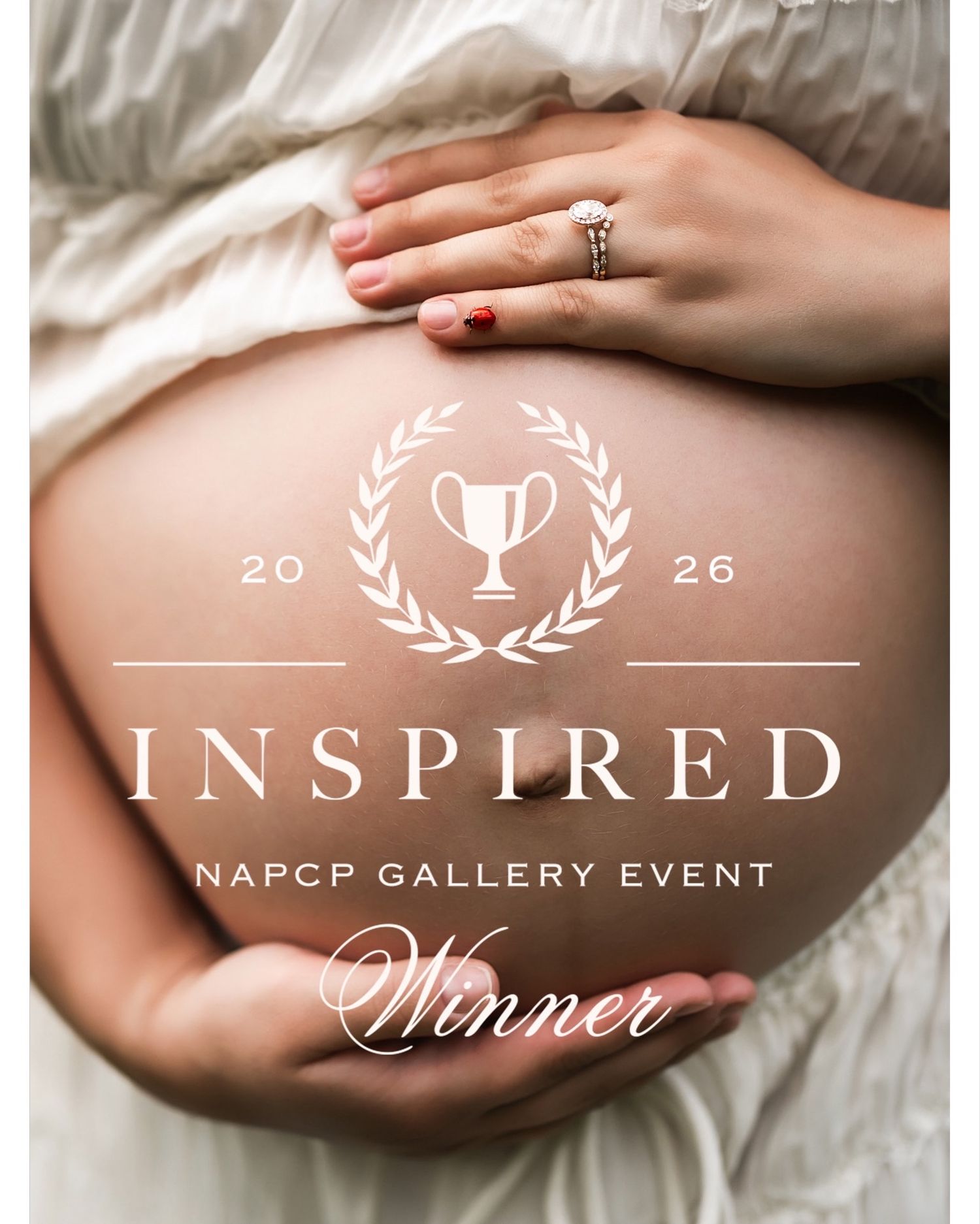 Award-winning maternity photo showing pregnant belly with hands, NAPCP Gallery Event 2026 Inspired Winner badge overlay.