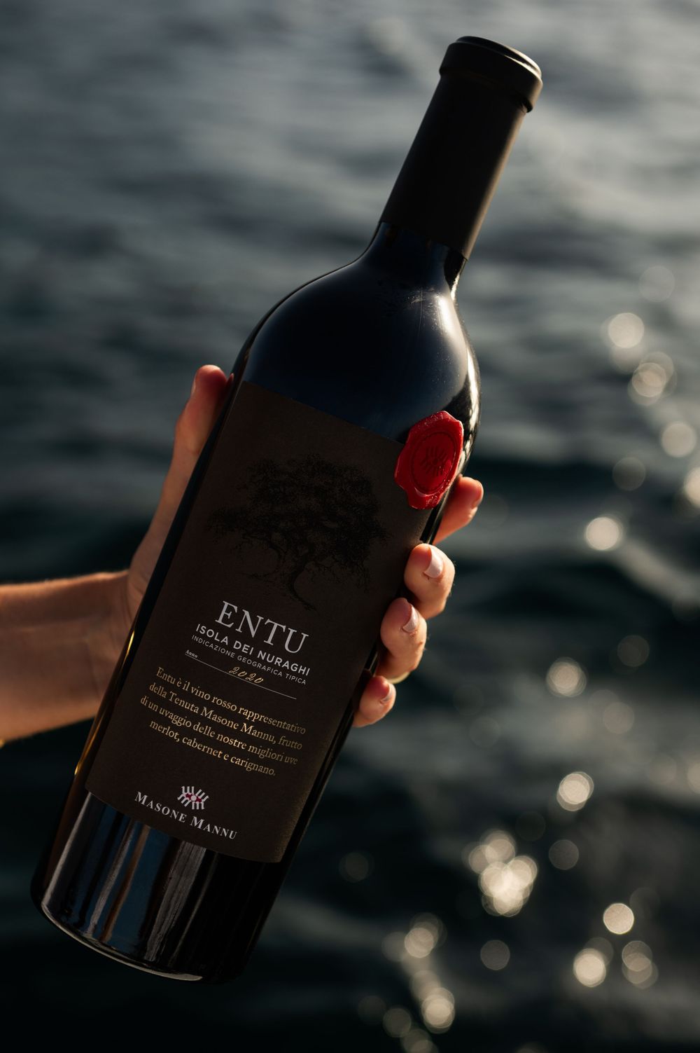 Hand holding dark wine bottle against sparkling water background at sunset.
