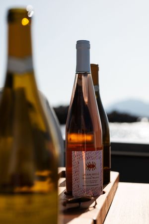 Wine bottles arranged on wooden boat deck with blurred ocean background.