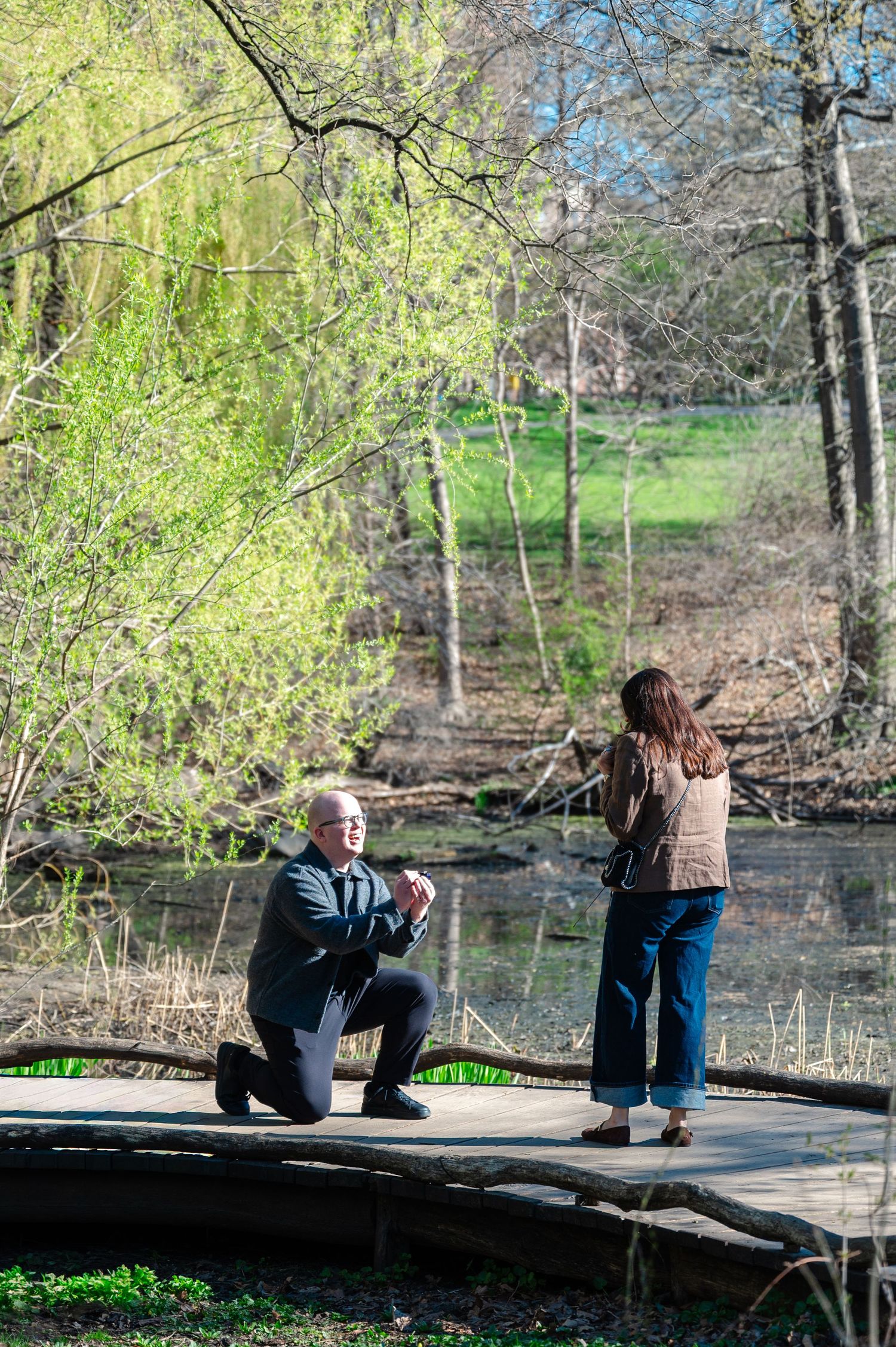 Man kneeling on a wooden bridge proposing to a woman in a scenic park with trees and a pond.