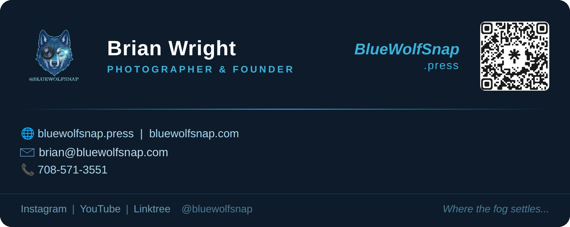 Brian Wright BlueWolfSnap Photographer and Founder dark blue professional business card with QR code.