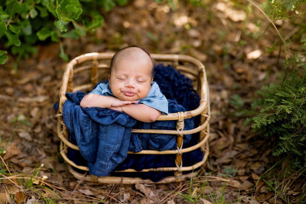 Sleeping newborn baby in blue outfit resting in a wicker basket outdoors surrounded by lush green foliage.