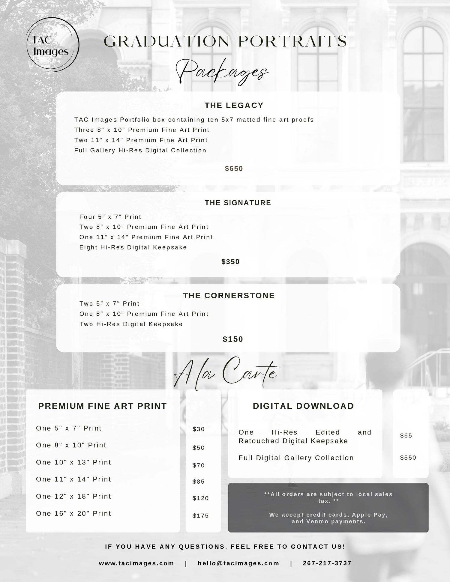 TAC Images graduation portrait packages flyer showing