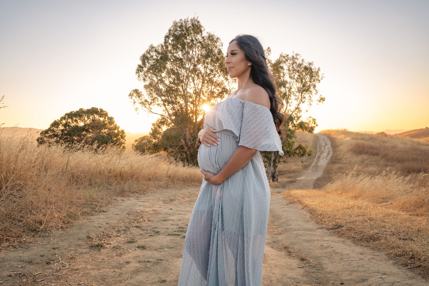 Pregnant woman in flowing gray dress holding baby bump at golden sunset on rural dirt path.