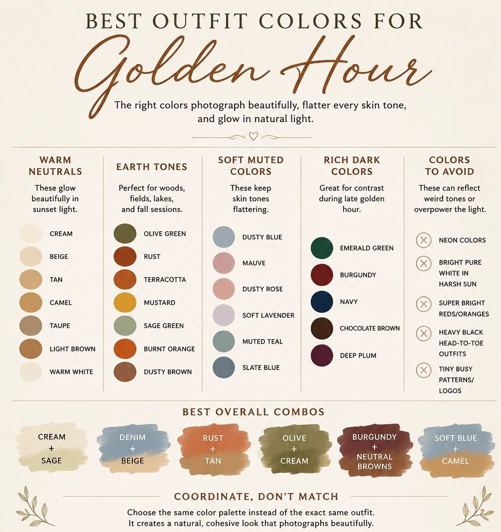 Infographic guide showing best outfit colors for golden hour photography, including warm neutrals, earth tones, and rich darks.