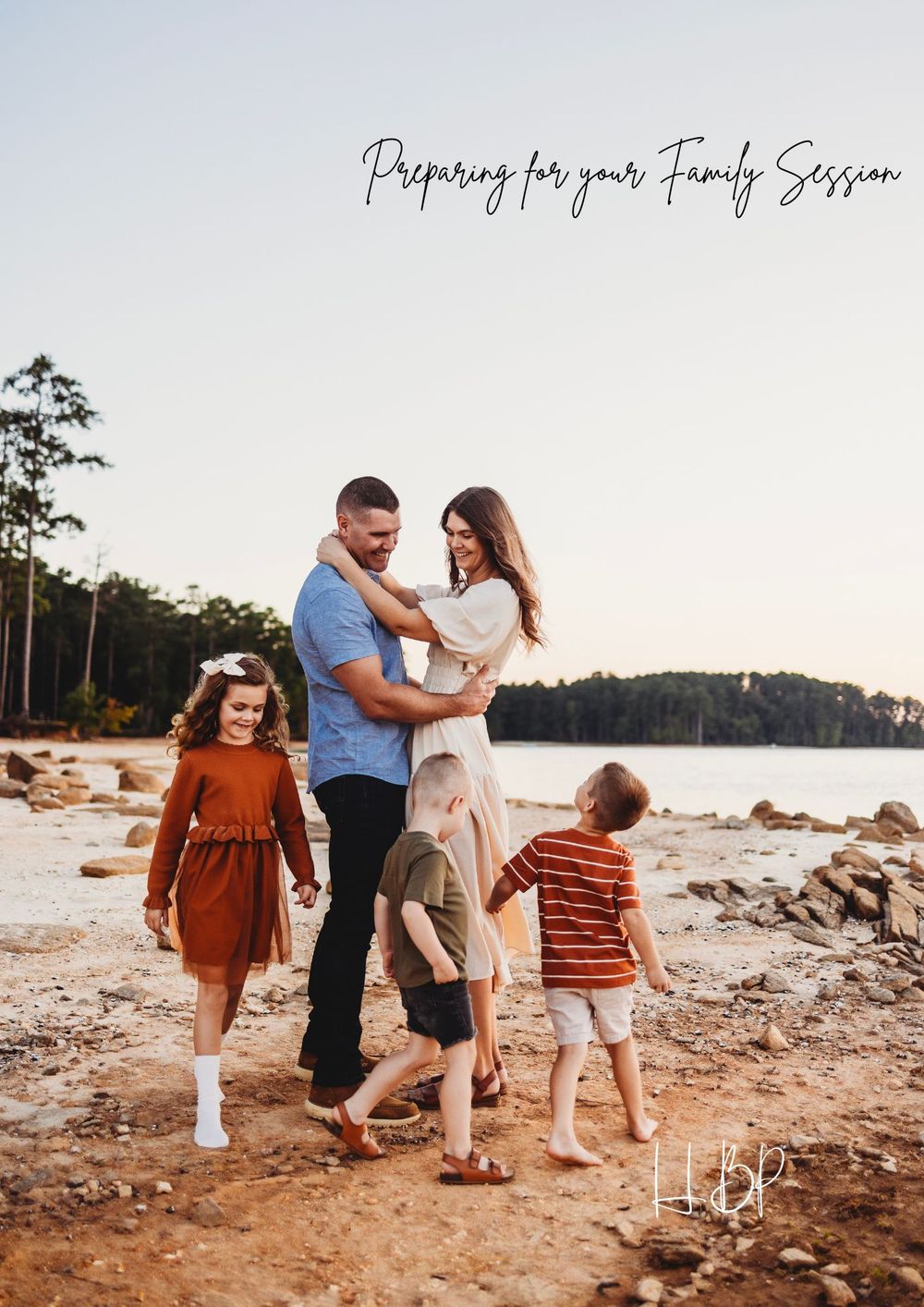 Family of four posing on a rocky beach at sunset, with text reading Preparing for your Family Session.