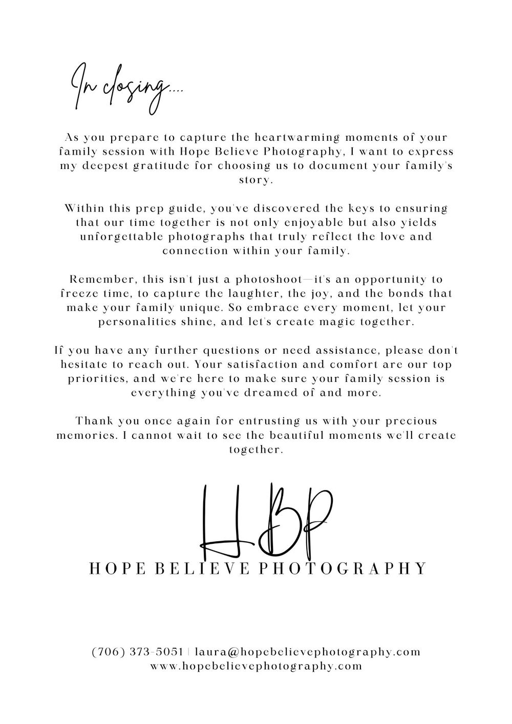 Hope Believe Photography closing page with heartfelt message, logo, contact info, and website for family photography sessions.
