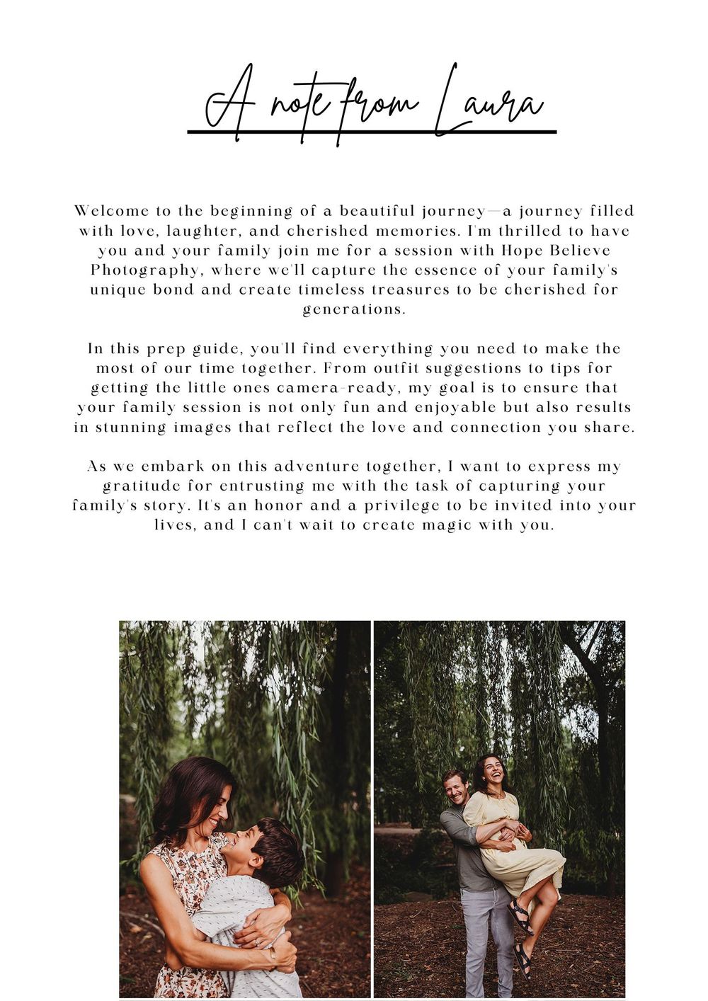 Family photography prep guide welcome letter with two outdoor portrait photos of families posing in nature.
