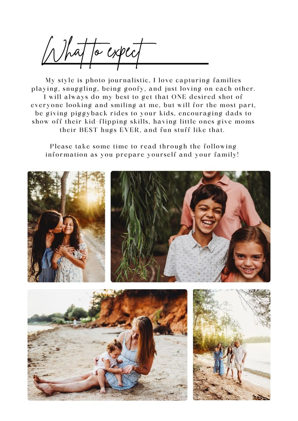 Photojournalistic family photography guide showing candid moments of families playing and embracing outdoors.