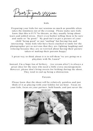 A family photography session guide with tips for parents and kids, featuring a candid black and white photo of a family playing outdoors.