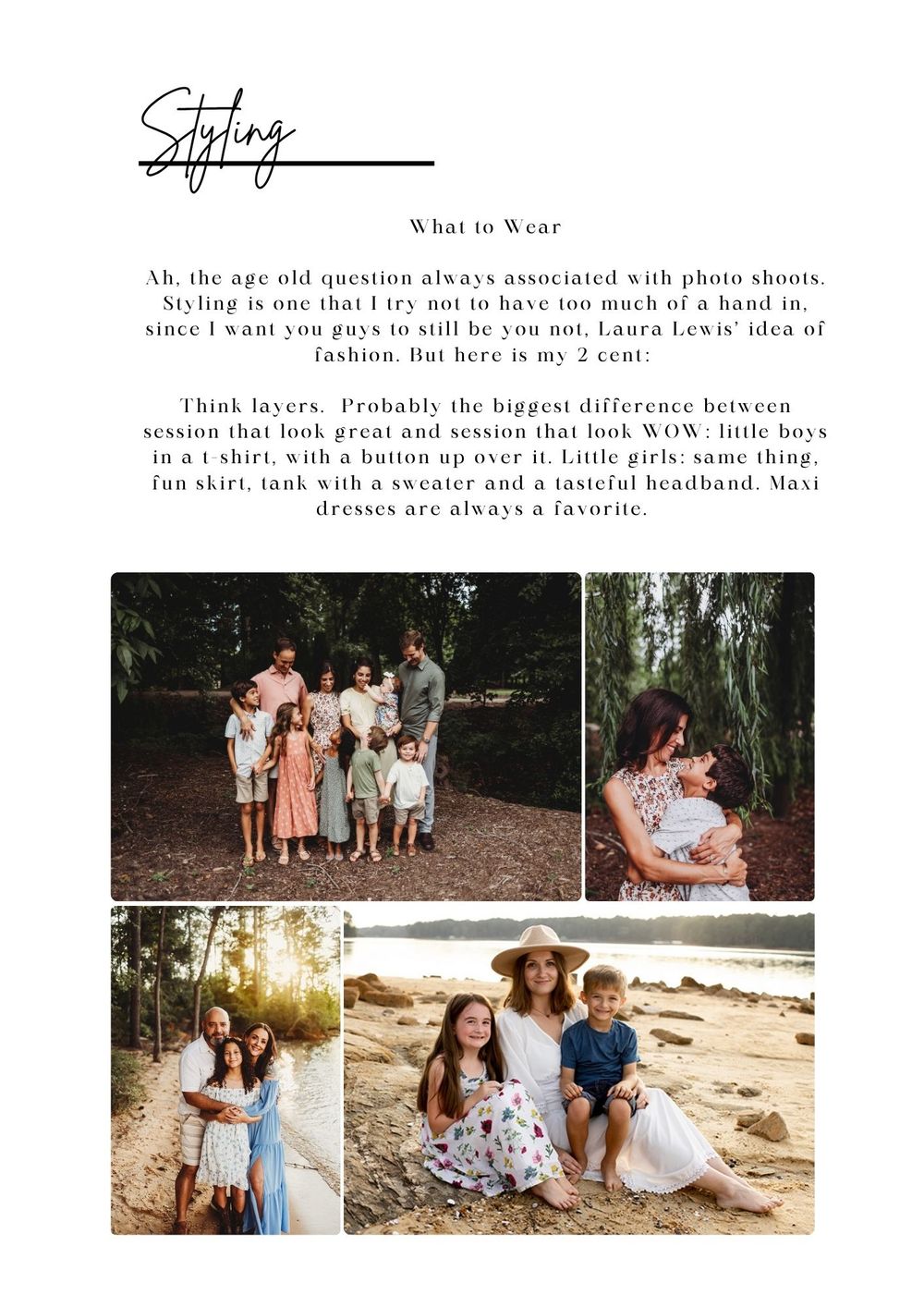 Family photo styling guide showing layered outfits for outdoor sessions with tips on coordinating looks.