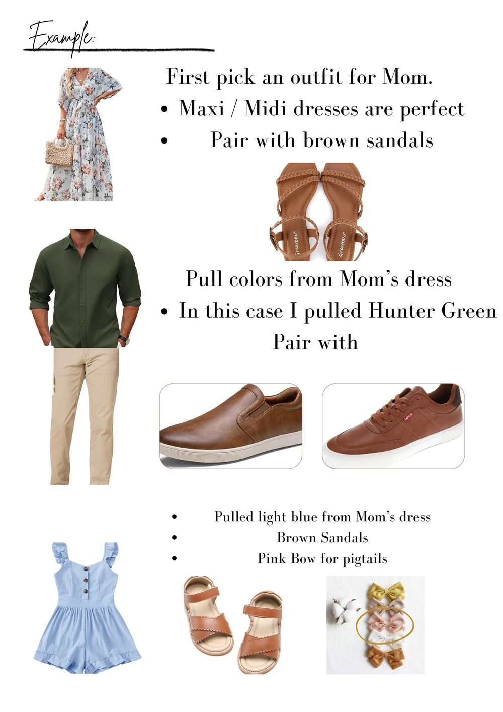 A family outfit coordination guide showing a floral maxi dress, green shirt, khakis, blue romper, brown sandals, and hair accessories.