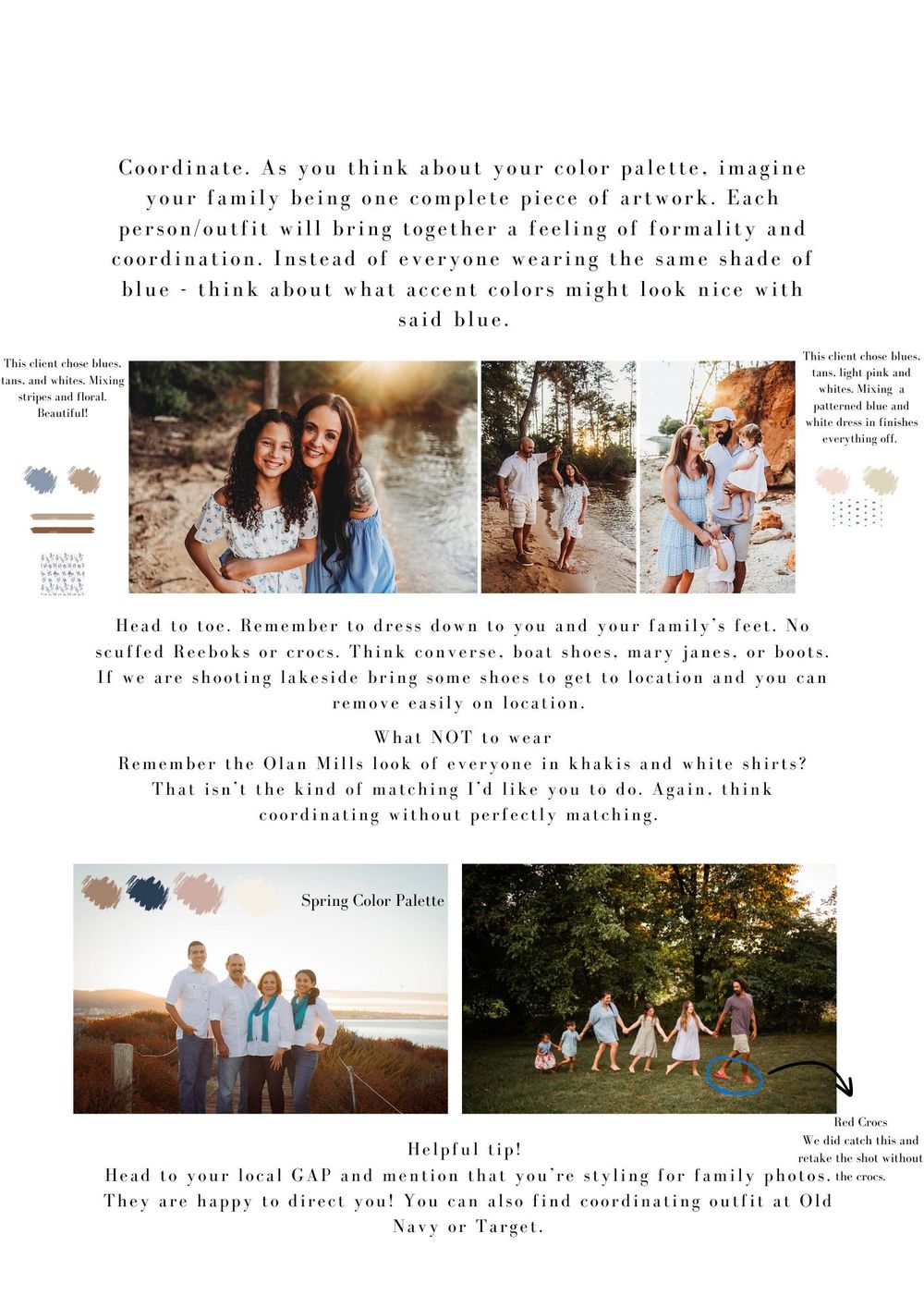 Family photo styling guide showing coordinated outfits in blue tones with tips on color palette, footwear, and clothing coordination.