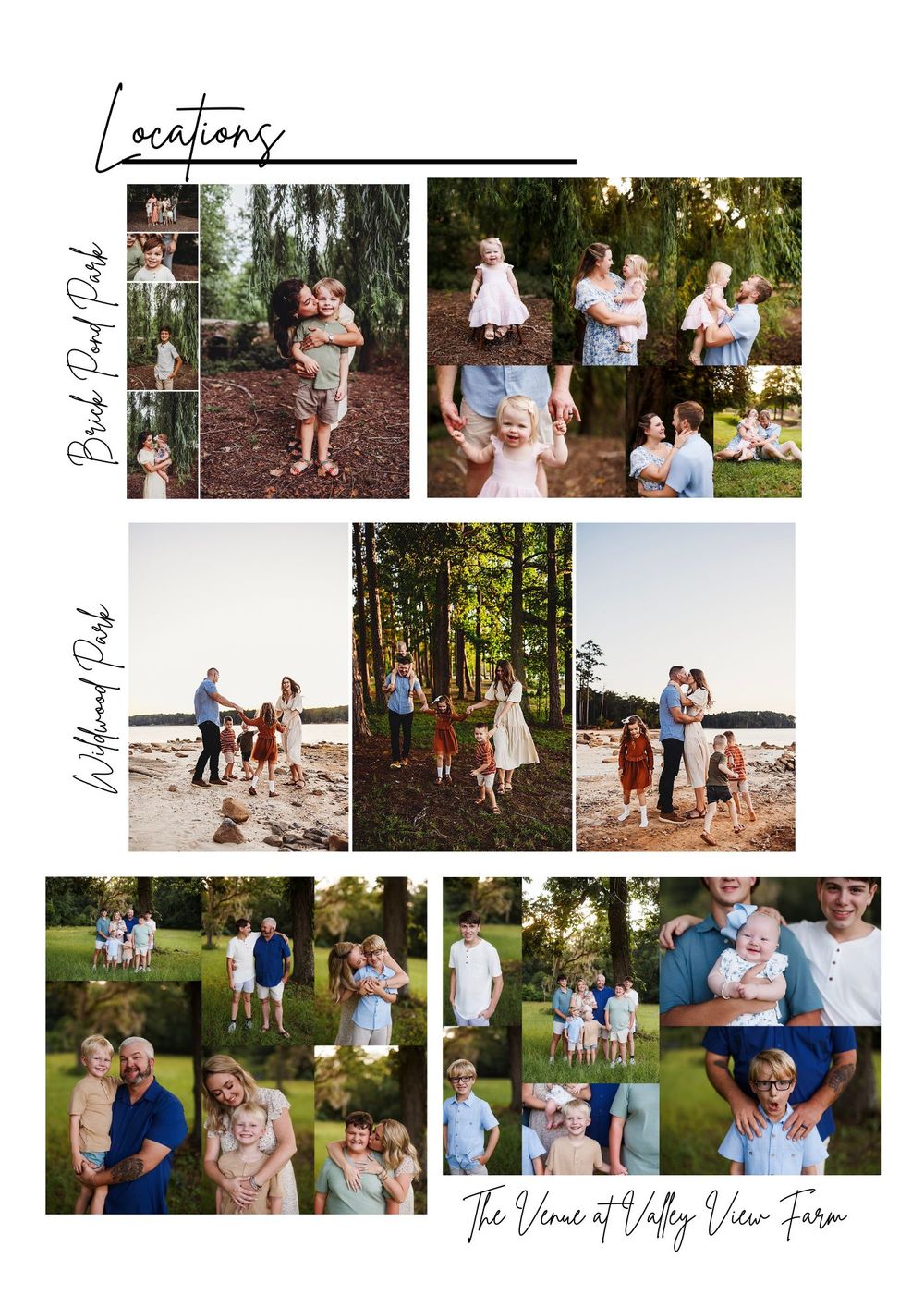 Family portrait photography collage showcasing sessions at Birch Pond Park, Hillwood Park, and The Venue at Valley View Farm.