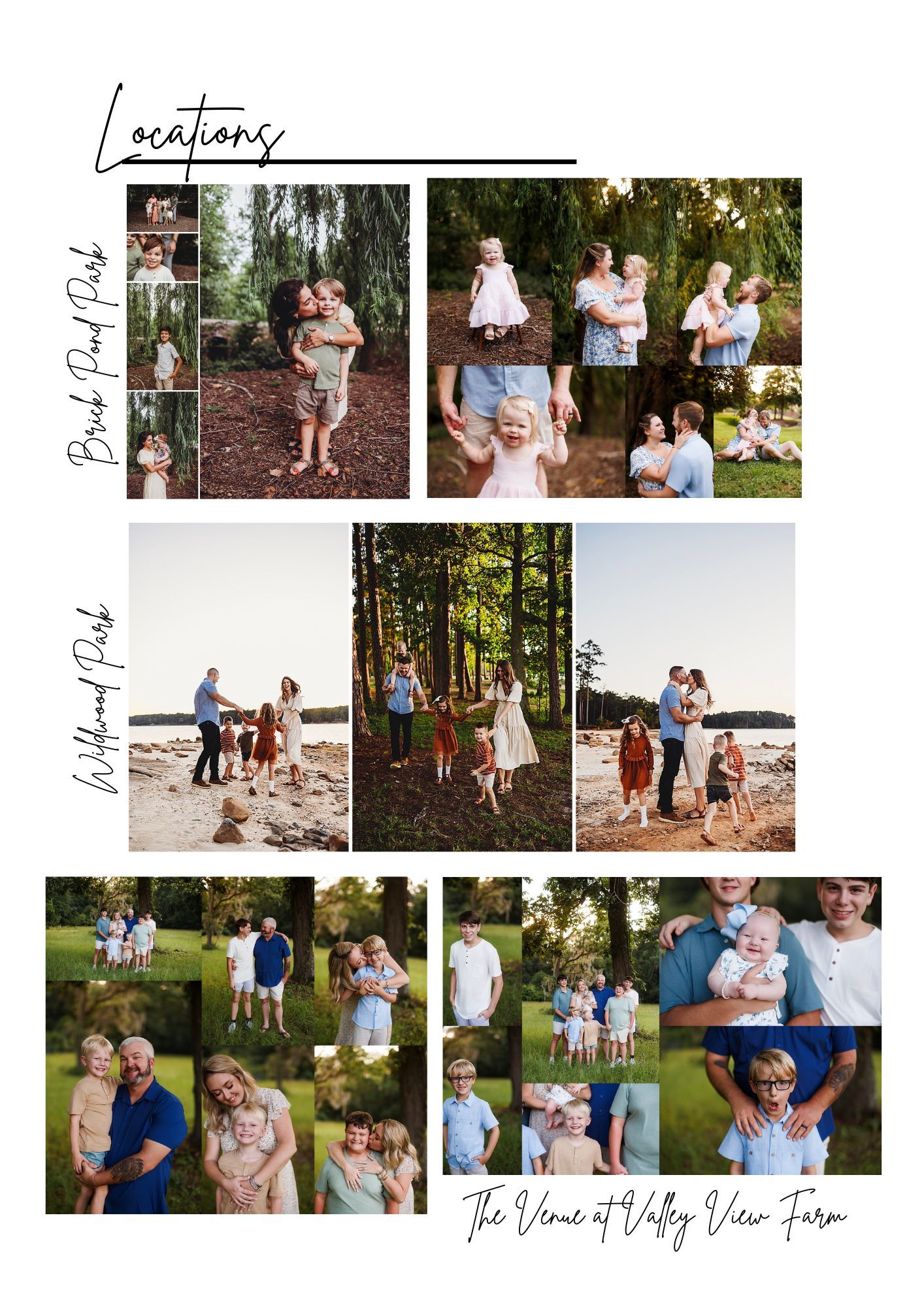 Family portrait photography collage showcasing sessions at Birch Pond Park, Hillwood Park, and The Venue at Valley View Farm.
