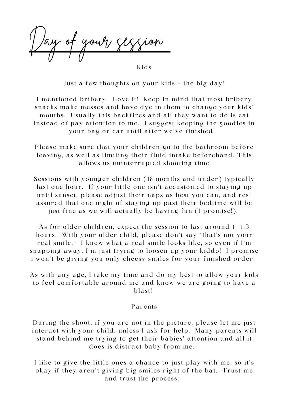 Handwritten-style text reading Day of Your Session with tips for parents about kids photography sessions.