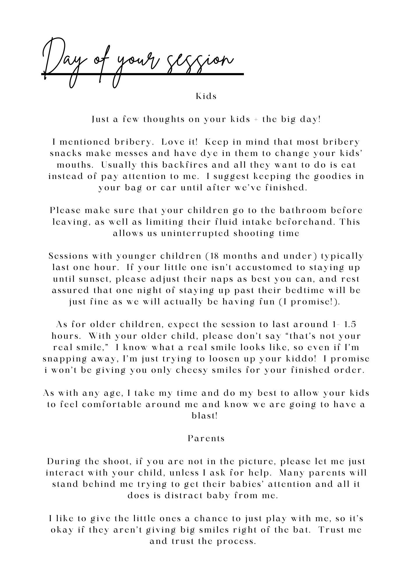 Handwritten-style text reading Day of Your Session with tips for parents about kids photography sessions.