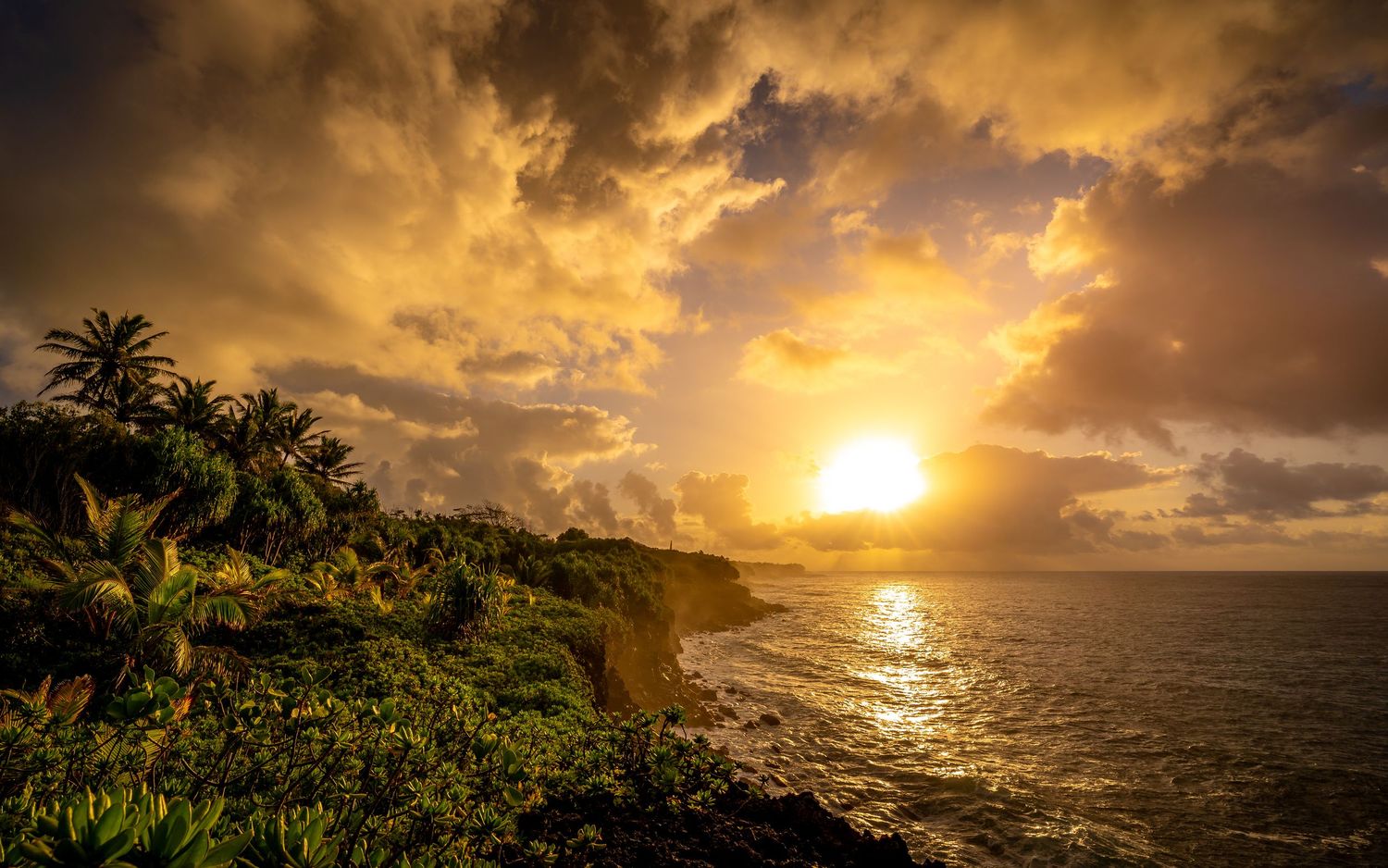 Golden sunset over tropical coastline with lush green cliffs, palm trees, and dramatic clouds reflecting on calm ocean waters.