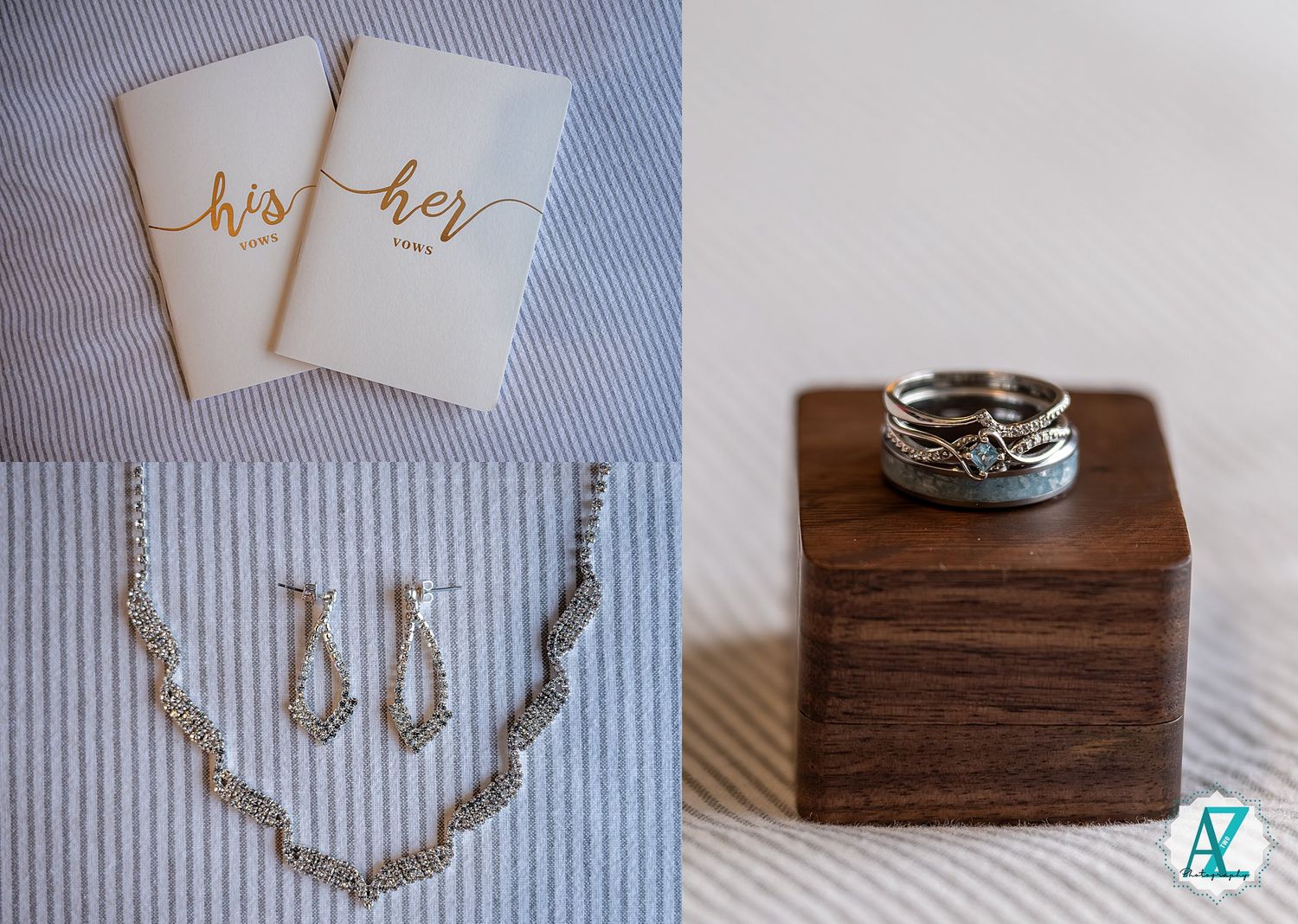 Wedding detail shot featuring his and her cards, a delicate necklace, and silver rings on a wooden box.