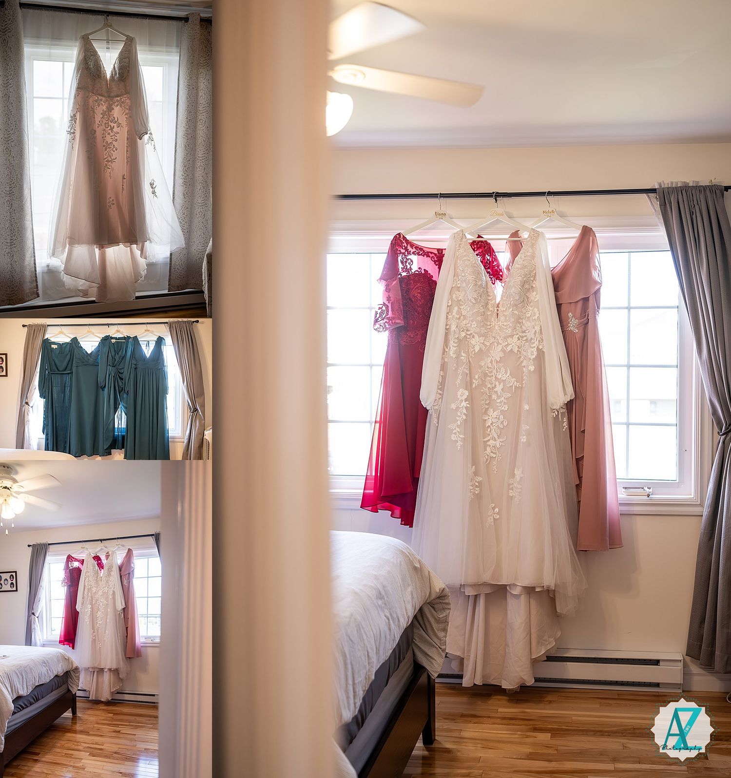 Wedding dresses and formal gowns displayed in a sunlit bedroom with dresses hanging from walls and ceiling.