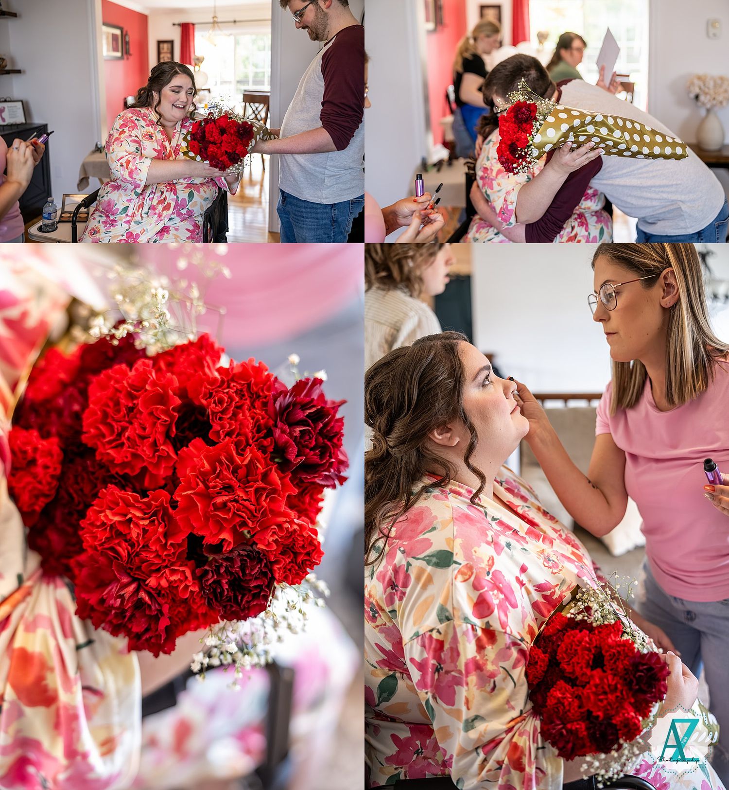 A collection of wedding preparation moments featuring floral arrangements with vibrant red carnations and pink decor.
