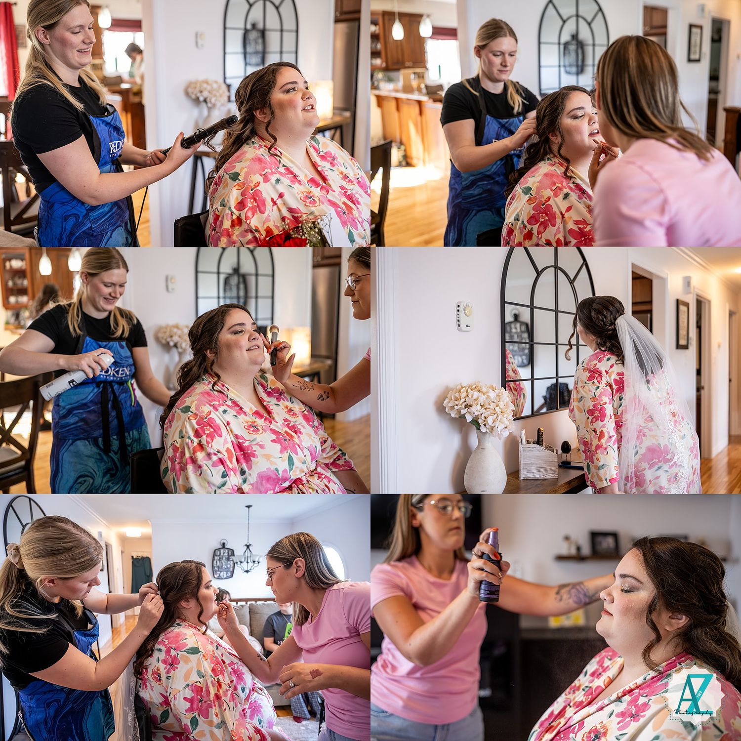 A person getting professional makeup and hair styling done in preparation at a brightly lit indoor venue.