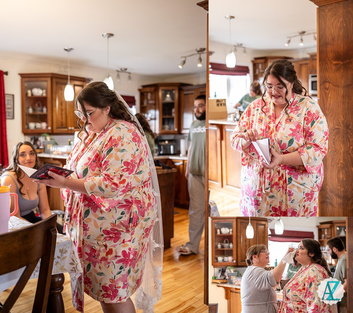 Behind the scenes shots of wedding preparations in a warm wooden interior with natural lighting.