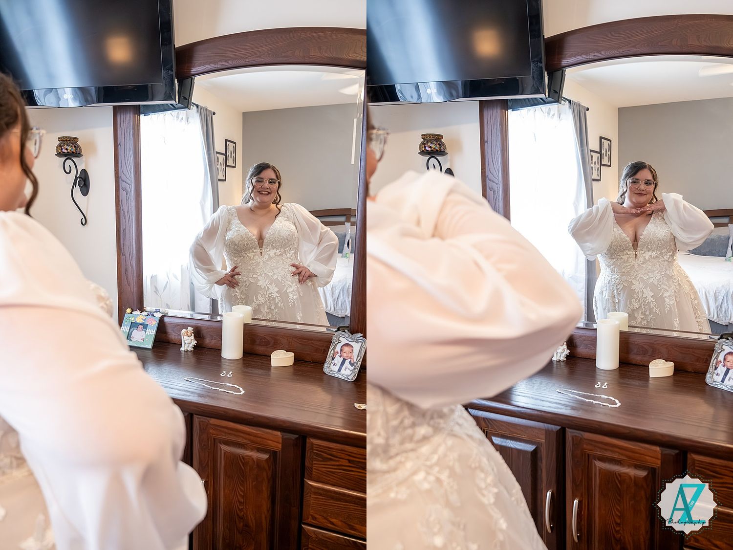 A sequence showing the delicate process of getting dressed in an elegant white wedding gown.