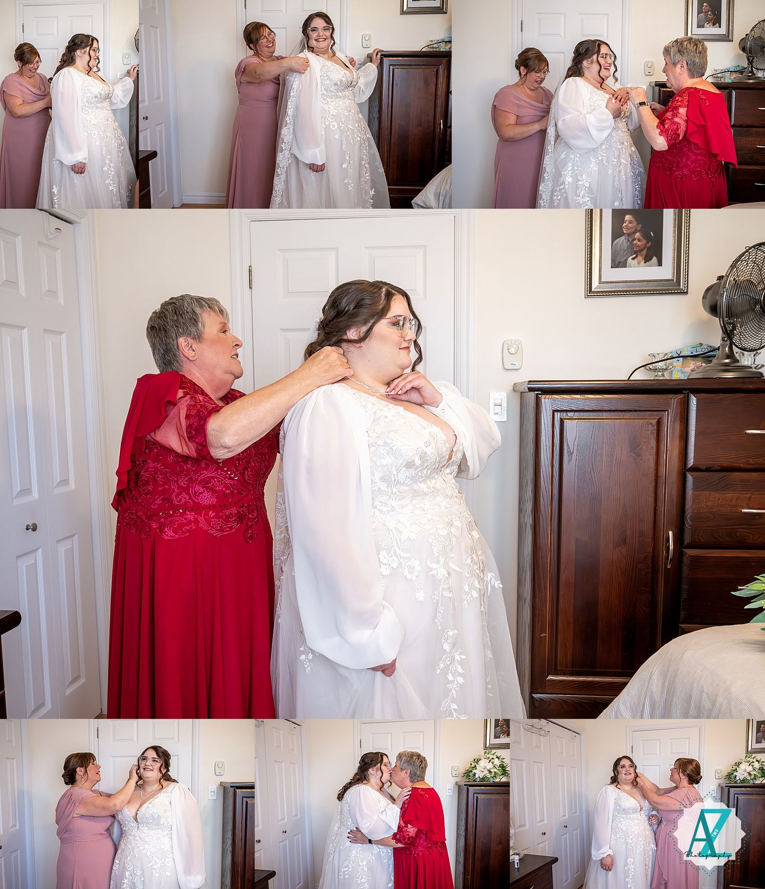 Wedding party members in red dresses and white gowns share emotional moments during pre-ceremony preparations.