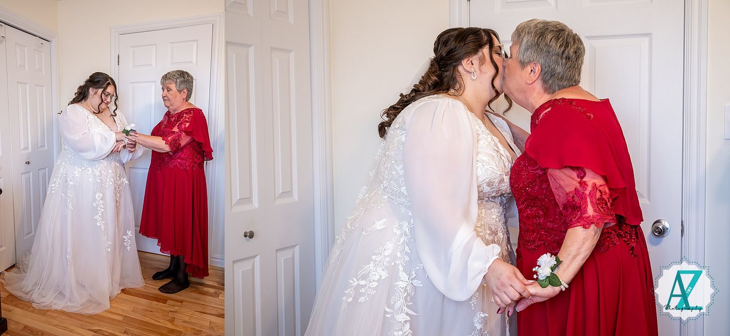Series of indoor wedding photos showing tender moments in a room with white doors.