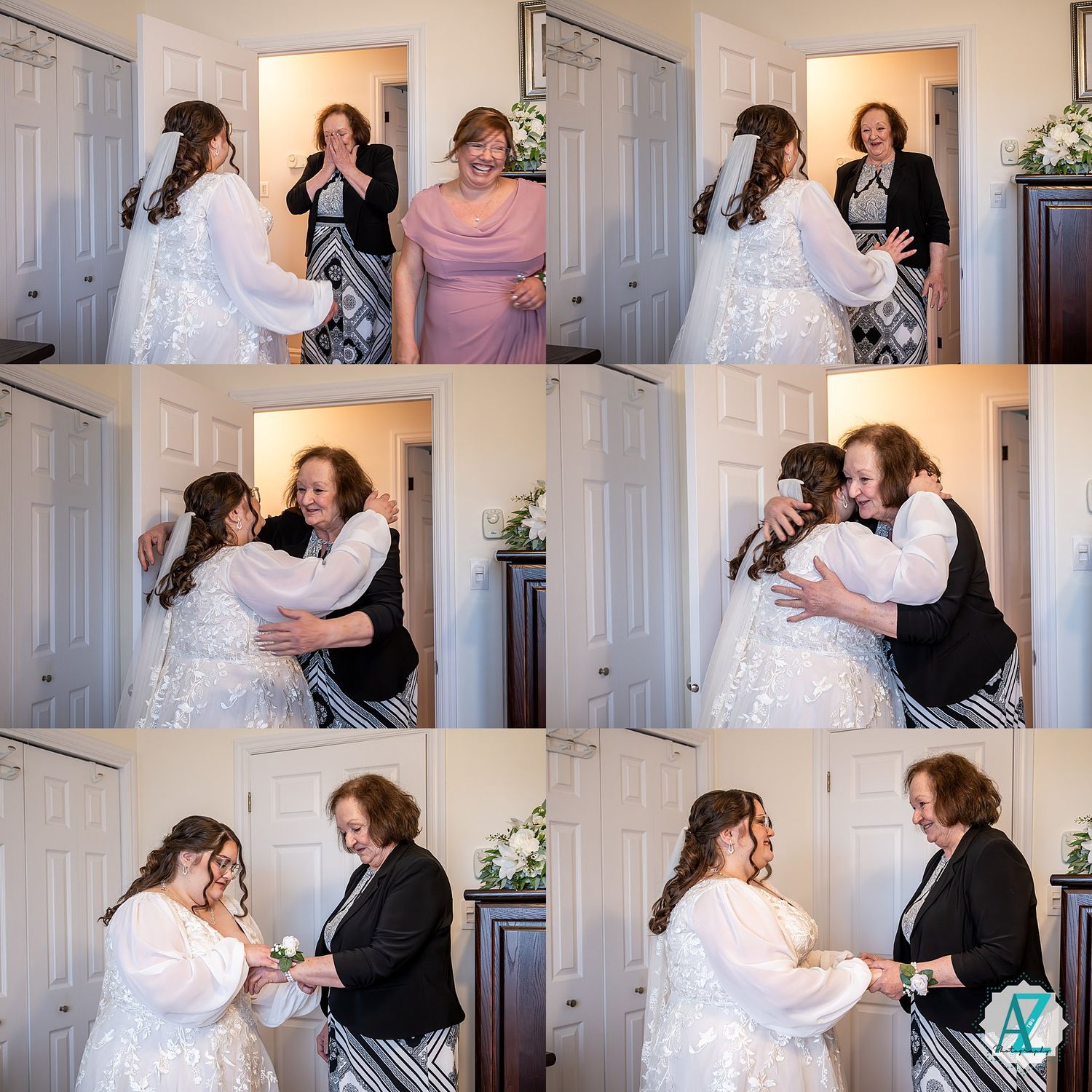 Sequential wedding photos capturing emotional interactions between people in a bright indoor setting.