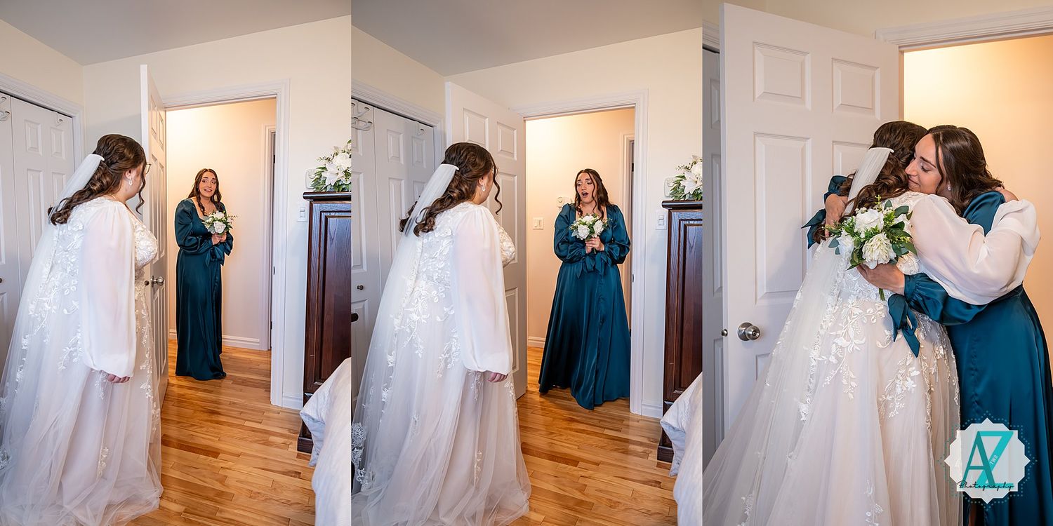 A sequence of wedding photos showing tender moments between couples in white dresses and formal attire against neutral walls.