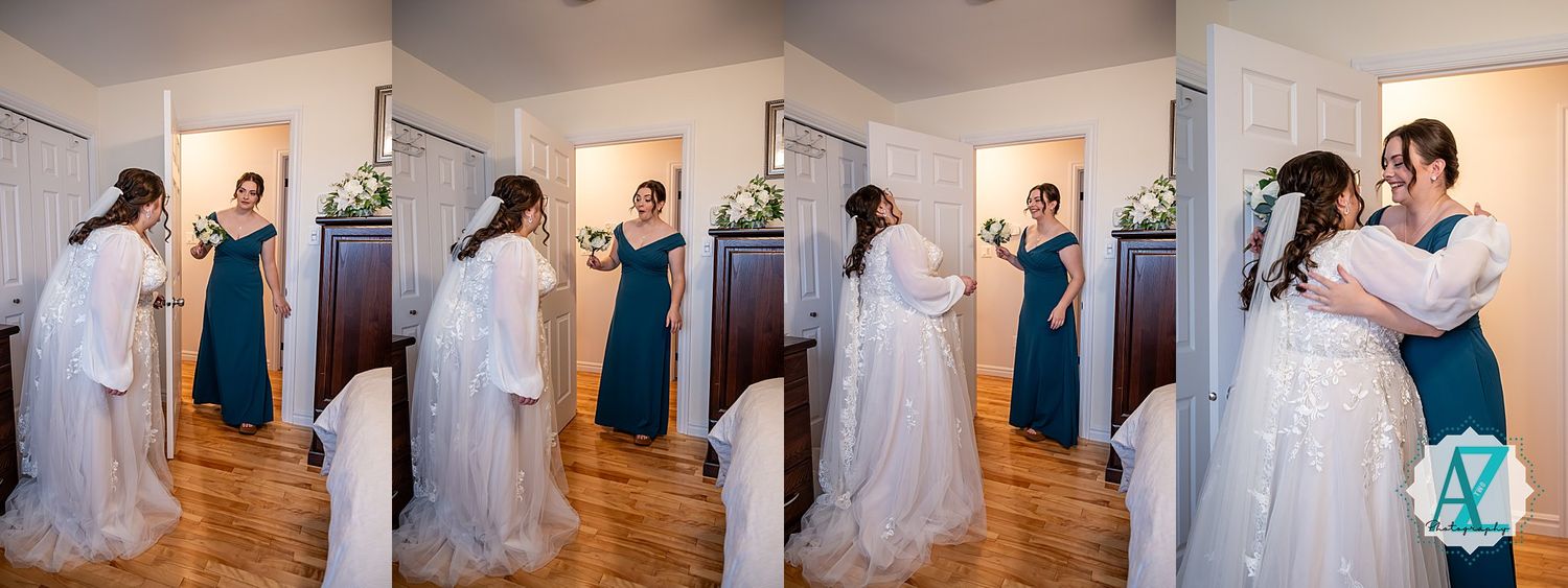 Wedding party members in red and teal dresses embrace and celebrate in an indoor setting.