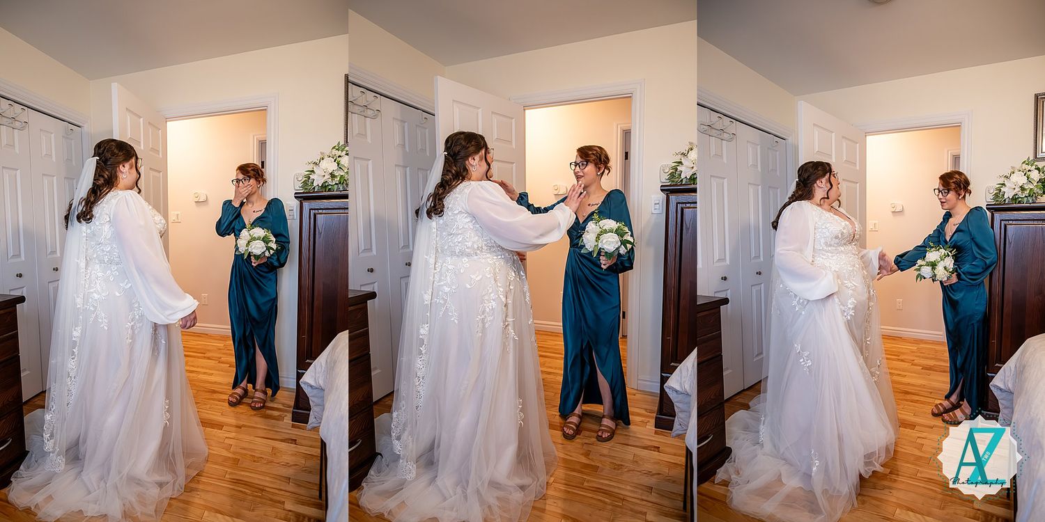 A sequence of wedding photos showing a couple dancing and embracing in a light-filled room with wooden floors.