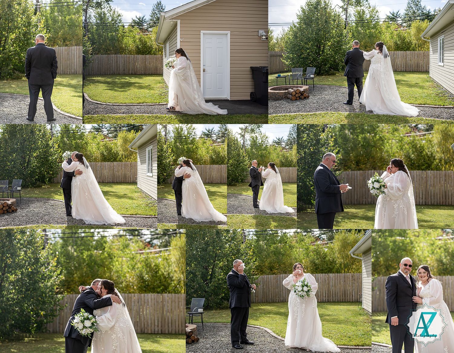 Outdoor wedding photo sequence showing couple and guests on a sunny day with green landscaping.
