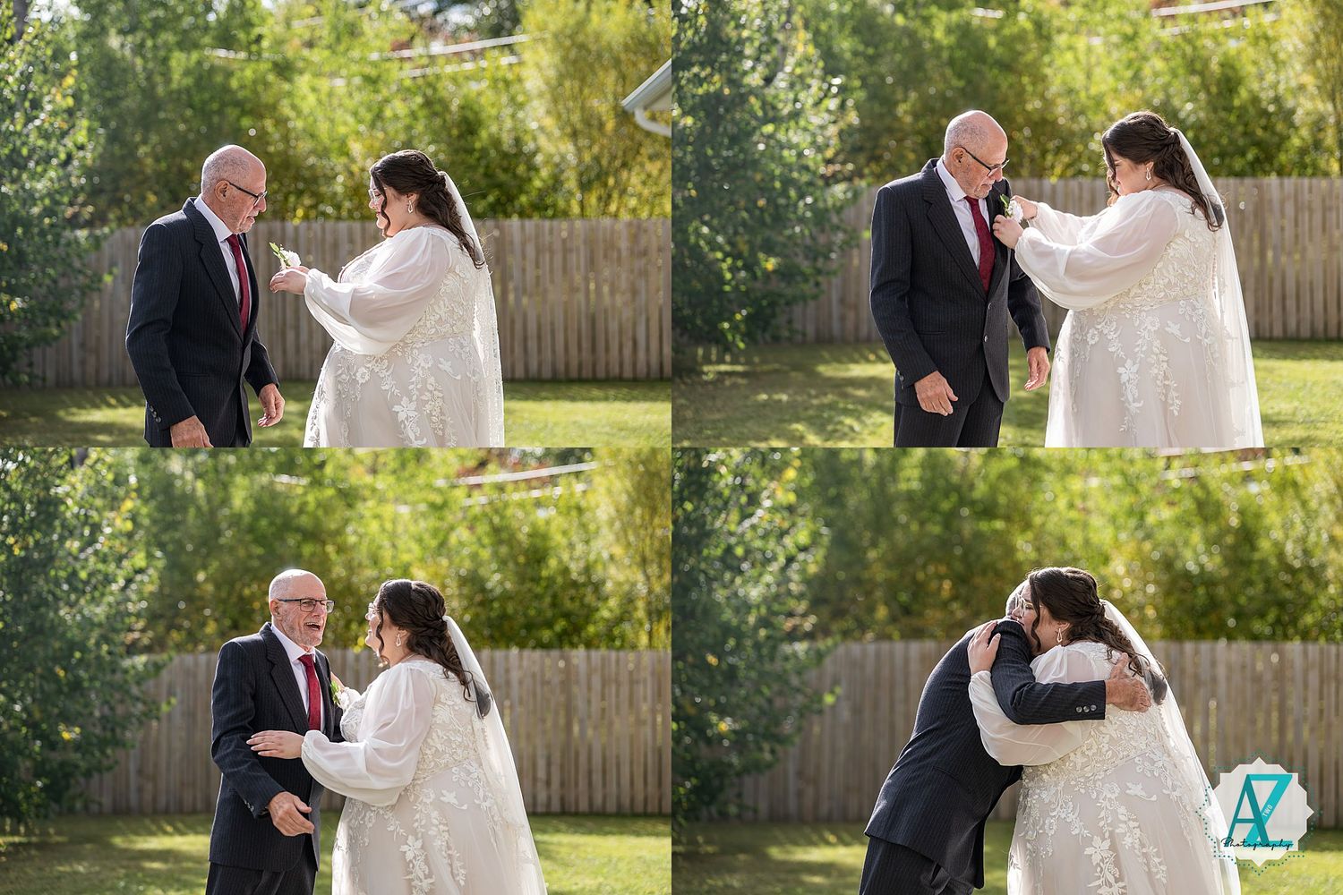 A sweet first look sequence of a couple in their wedding attire sharing a tender moment in a sunny backyard garden.