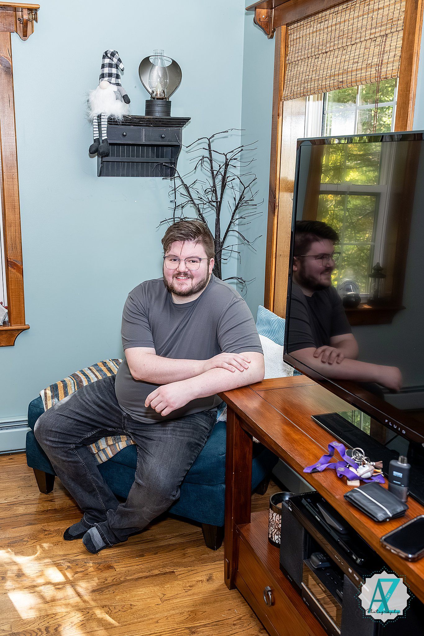 Series of candid photos showing person sitting at wooden table near window with natural light streaming in.