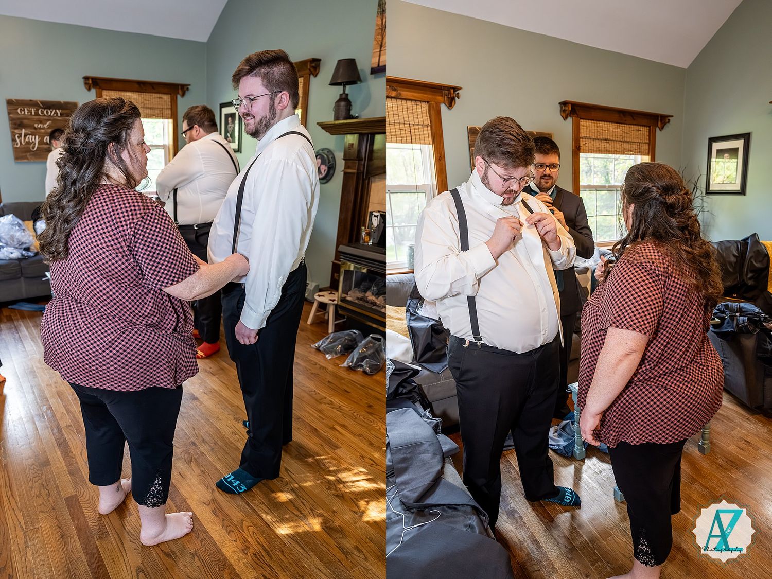 Newlyweds dance together on a hardwood floor in an indoor venue with wooden trim and natural lighting.