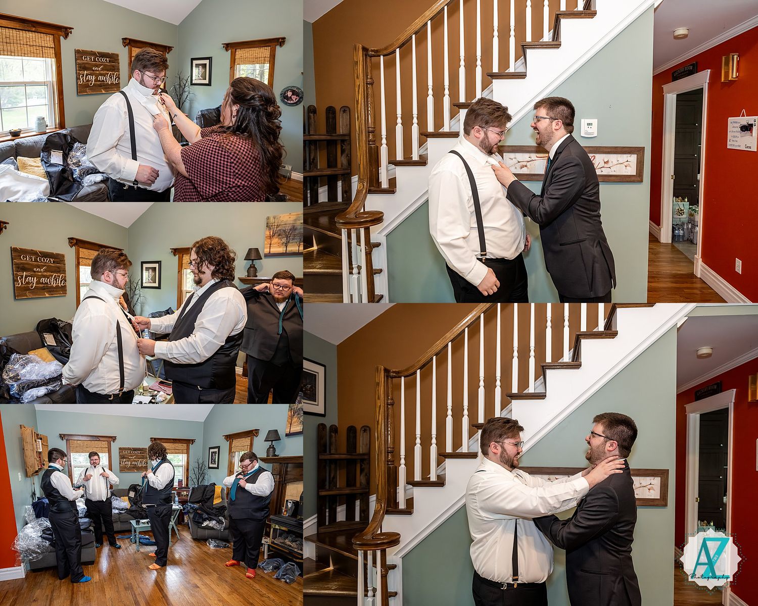 A series of candid getting ready moments showing groomsmen helping each other prepare in a home setting with wooden stairs.
