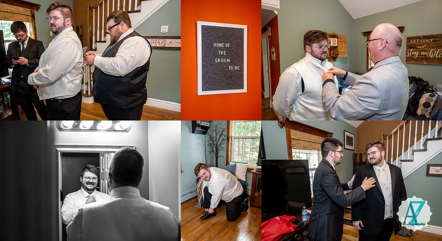 A sequence of candid moments at a home gathering shows people interacting in a warm interior space with wood details.