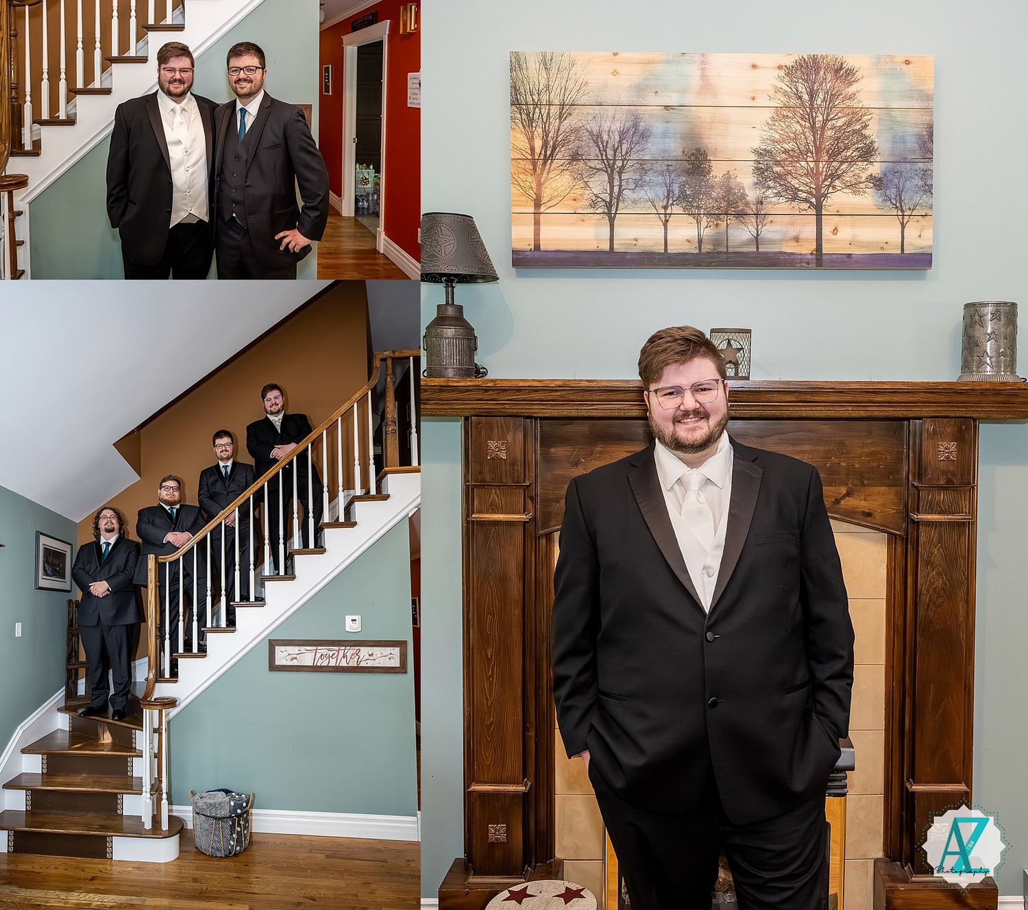 Wedding party members pose on wooden staircase with rustic decor and blue walls in background.