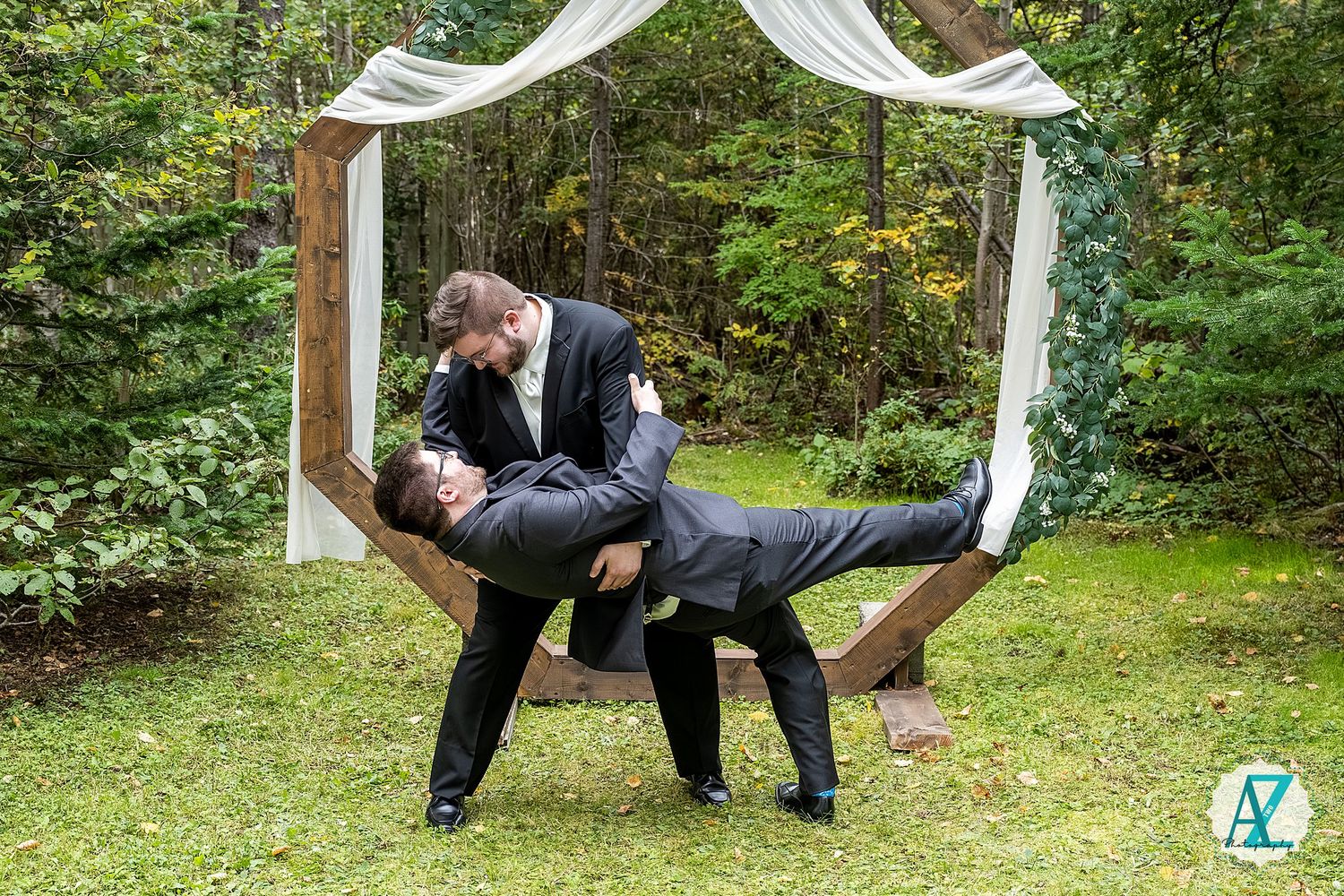 A sequence of playful dance moves performed in an outdoor garden setting with white fabric draping overhead.