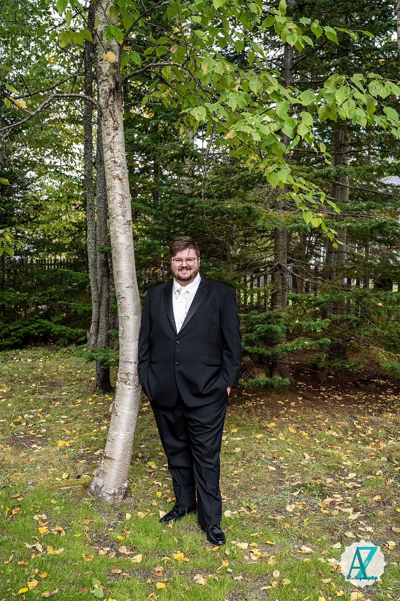 A sequence of outdoor portraits in a wooded setting with autumn leaves on the ground.