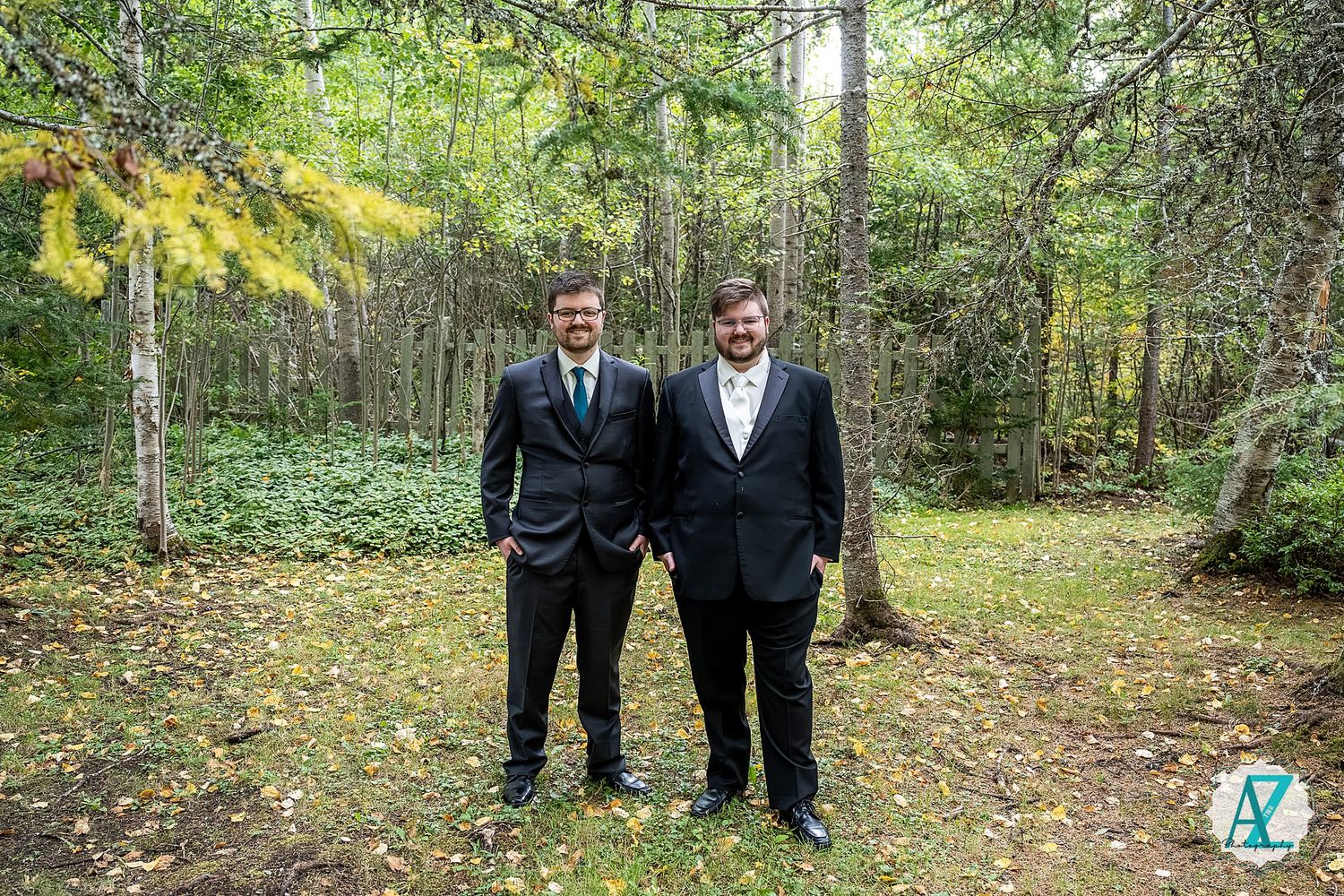 Multiple shots of formal portraits taken in a forest setting with trees and fallen leaves.