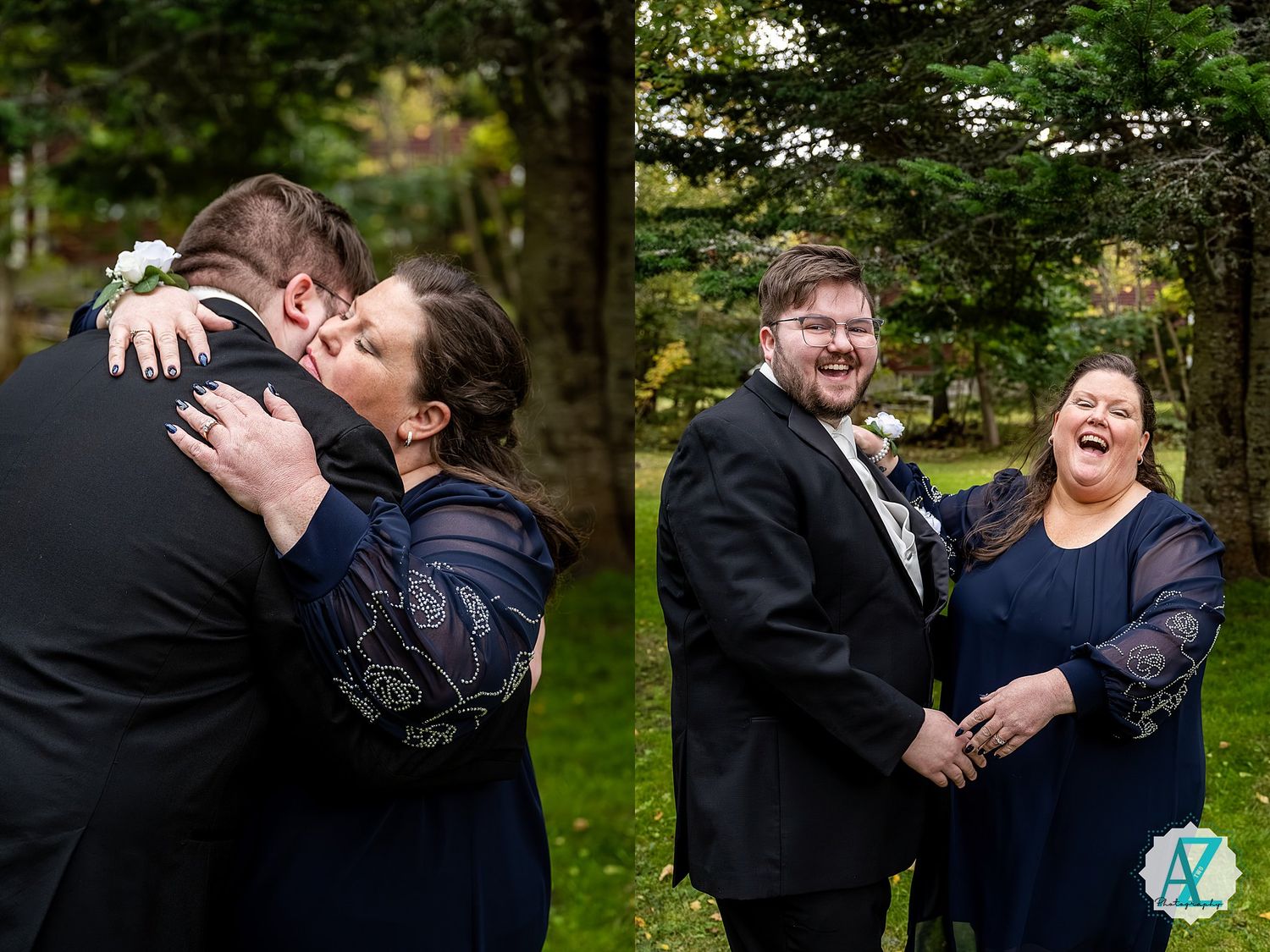 A series of candid wedding party photos showing joyful laughter and embraces in an outdoor garden setting.