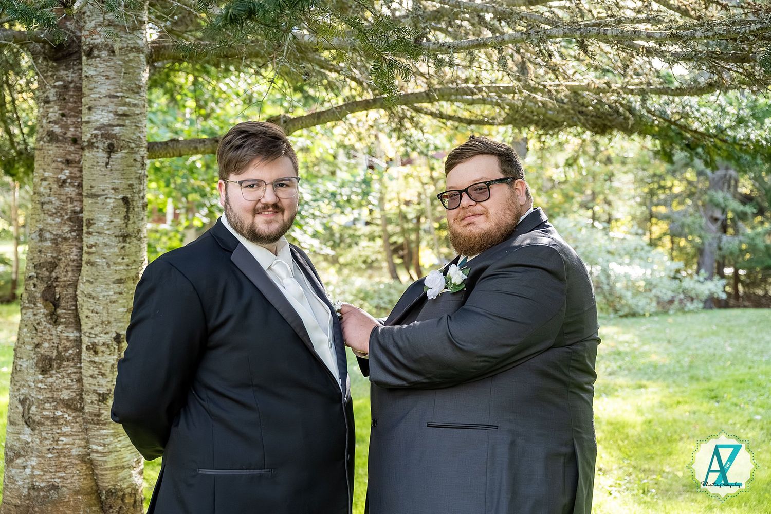 A sequence of wedding photos showing joyful moments between two people in formal attire near birch trees.
