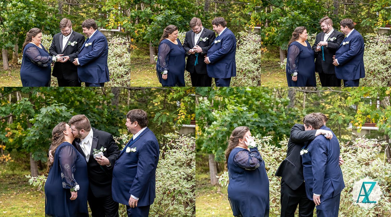A sequence of candid moments captured outdoors against a lush green garden backdrop.