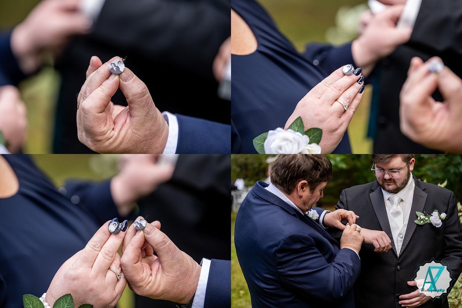 A collage of hands exchanging rings during a wedding ceremony, showing multiple close-up shots of ring placement.