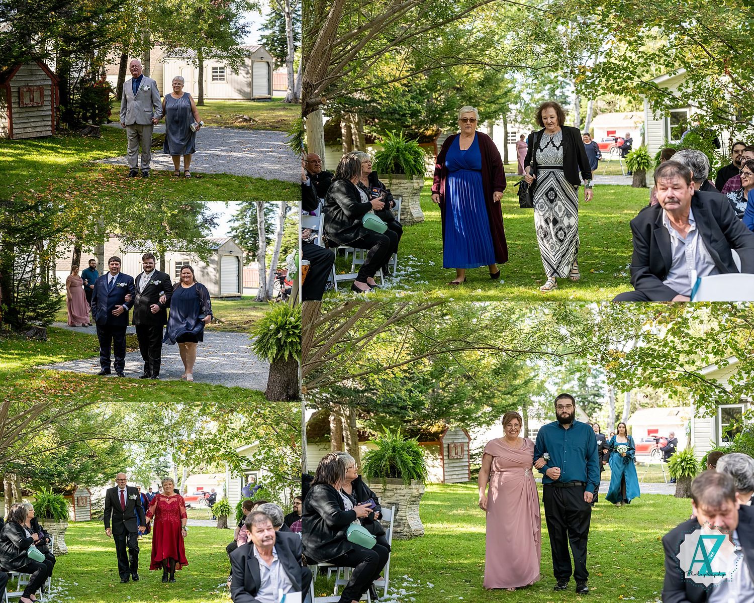 Guests gather outdoors at a social event in a lush garden setting with trees and greenery.